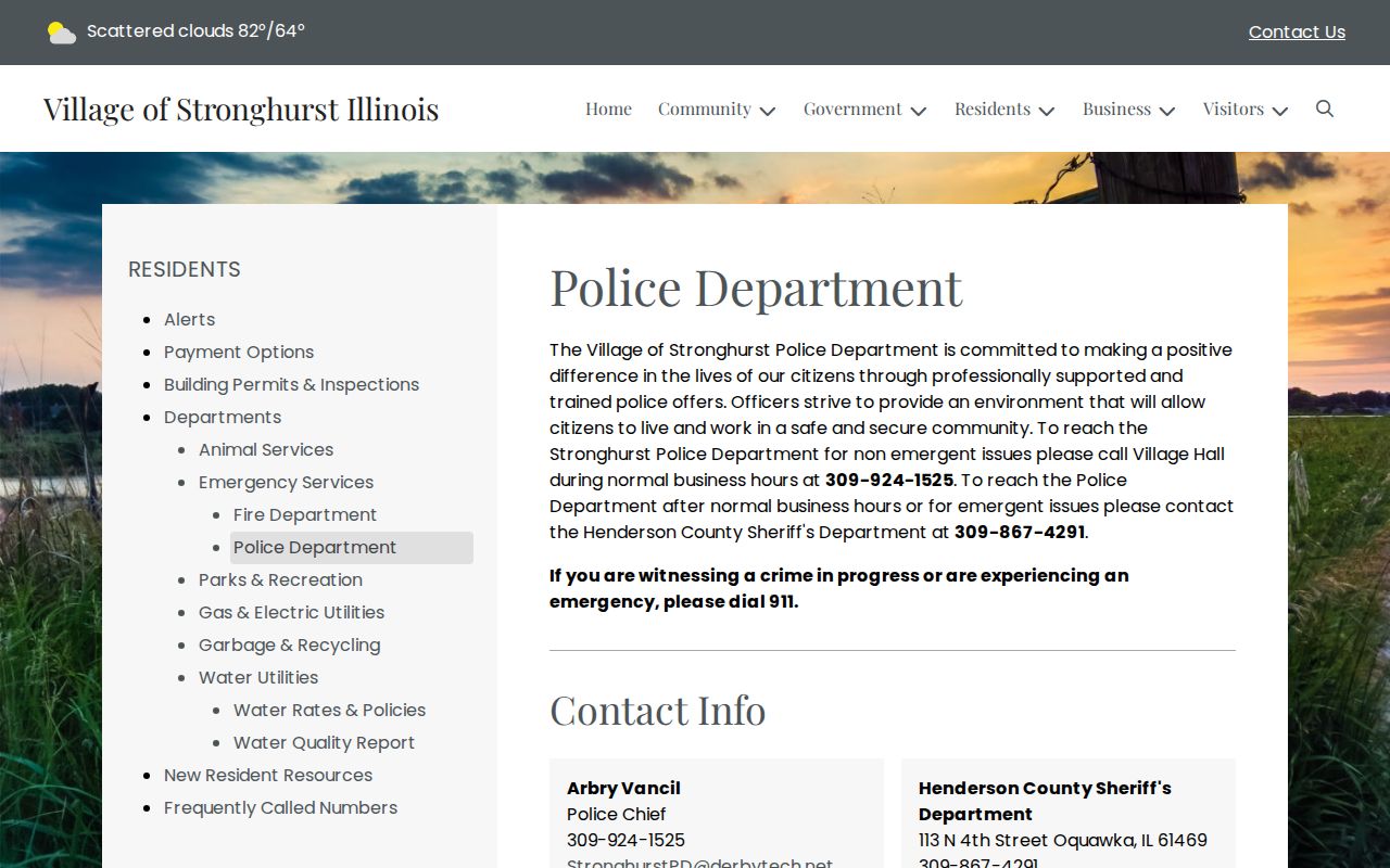 Official Stronghurst Police Department page showing chief and contact routes
