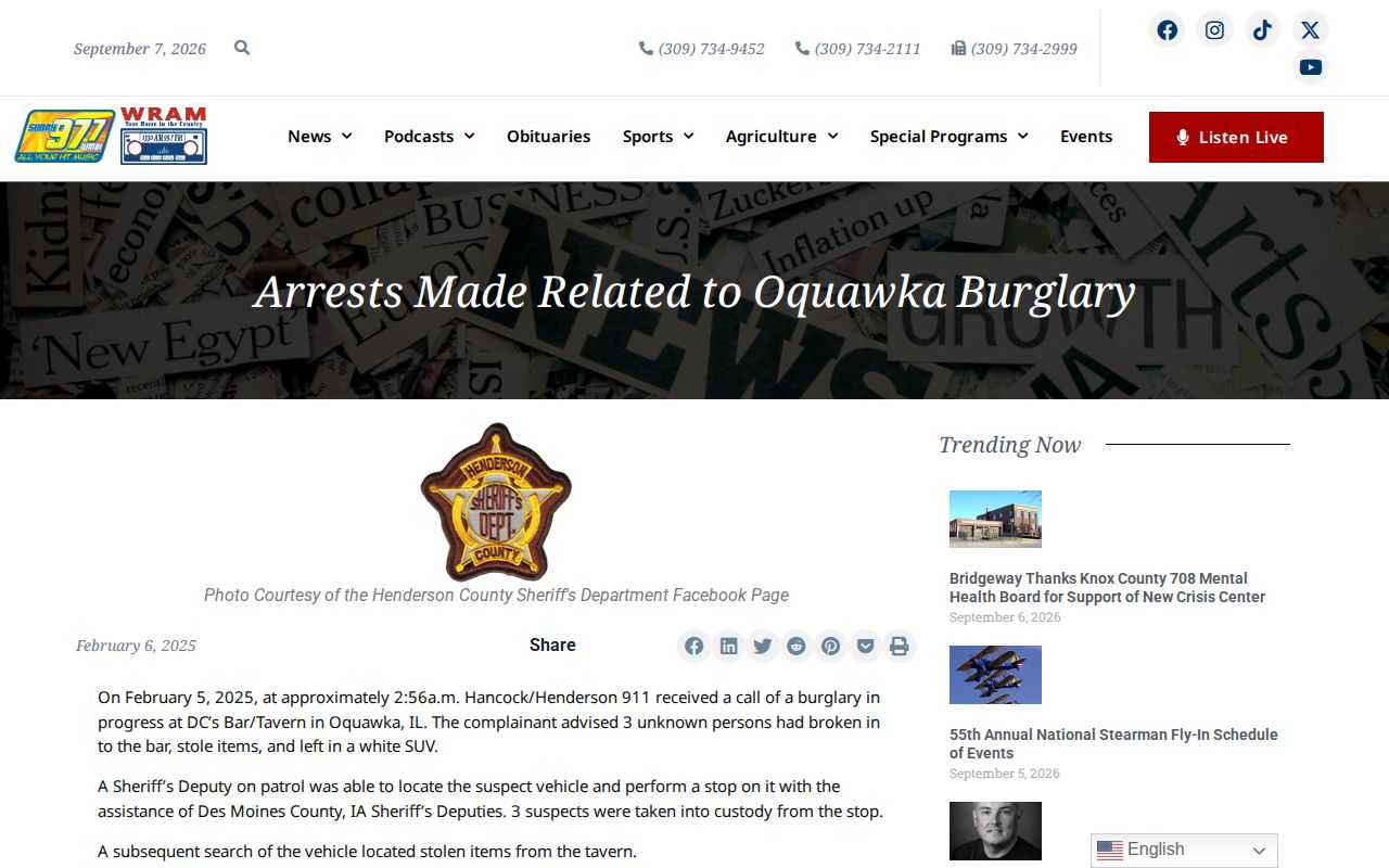 Prairie Communications Oquawka arrest report showing date and sheriff attribution