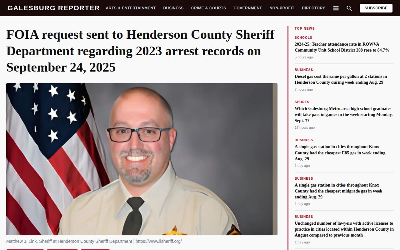 Galesburg Reporter article about a Henderson County arrest-records FOIA request